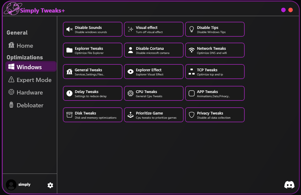Simply Tweaks Interface Mockup
